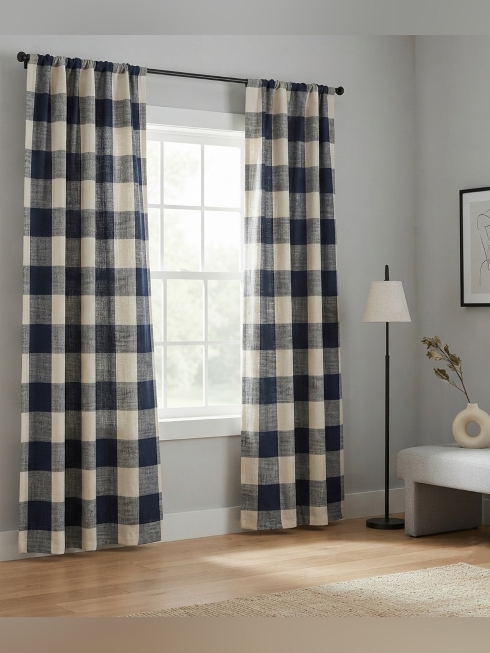 Pottery Barn Minimalist Classic Navy and Cream Buffalo Check Curtain 2 Panel